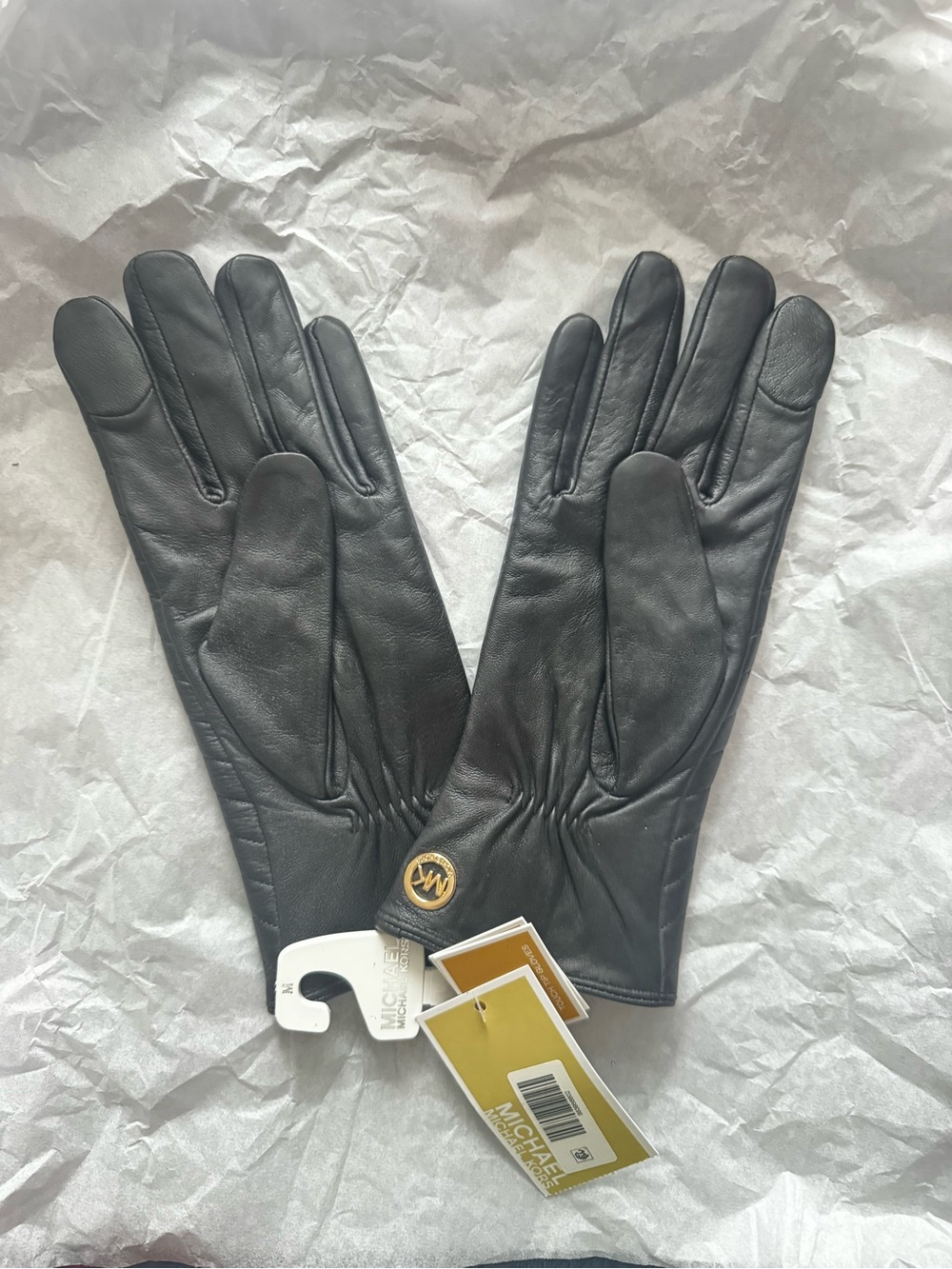 Michael Kors Black Leather Women's Long Gloves with Gold Logo
